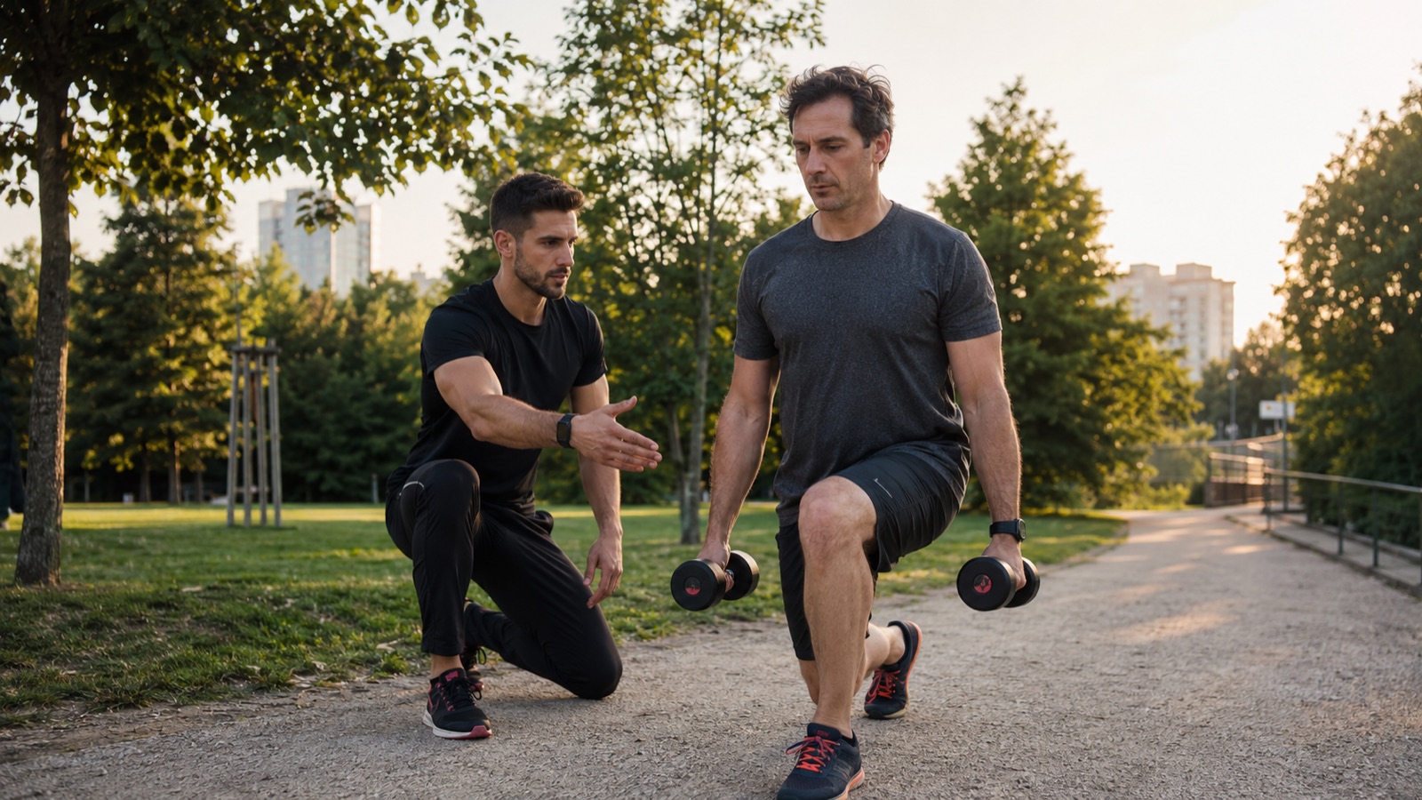 Coach guidant un client pendant des fentes avec haltères dans un parc