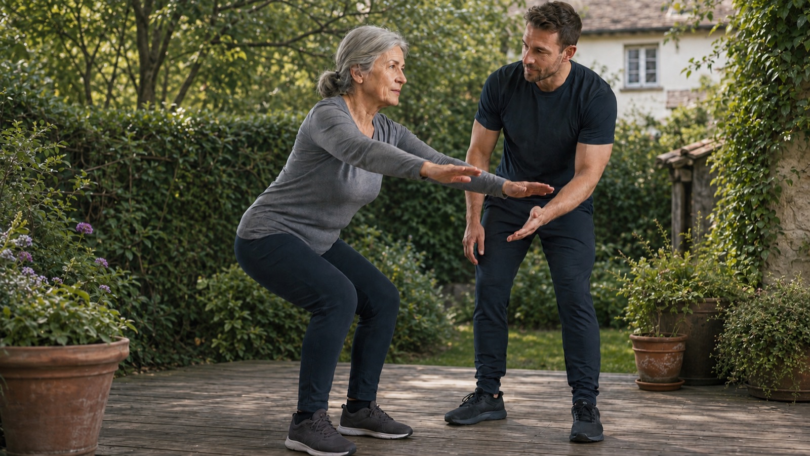 Coach accompagnant une femme âgée pendant un squat dans un jardin