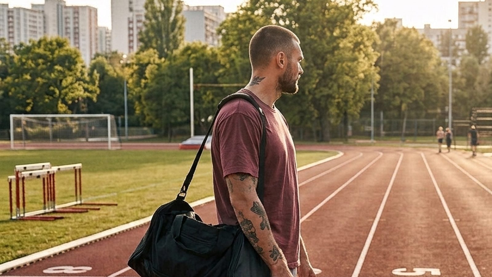 Coach sportif, sac de sport à l'épaule, au bord d'une piste d'athlétisme