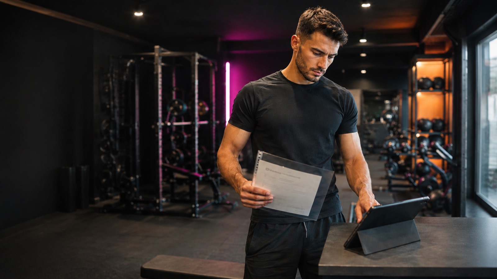 Coach sportif consultant des documents dans une salle de musculation