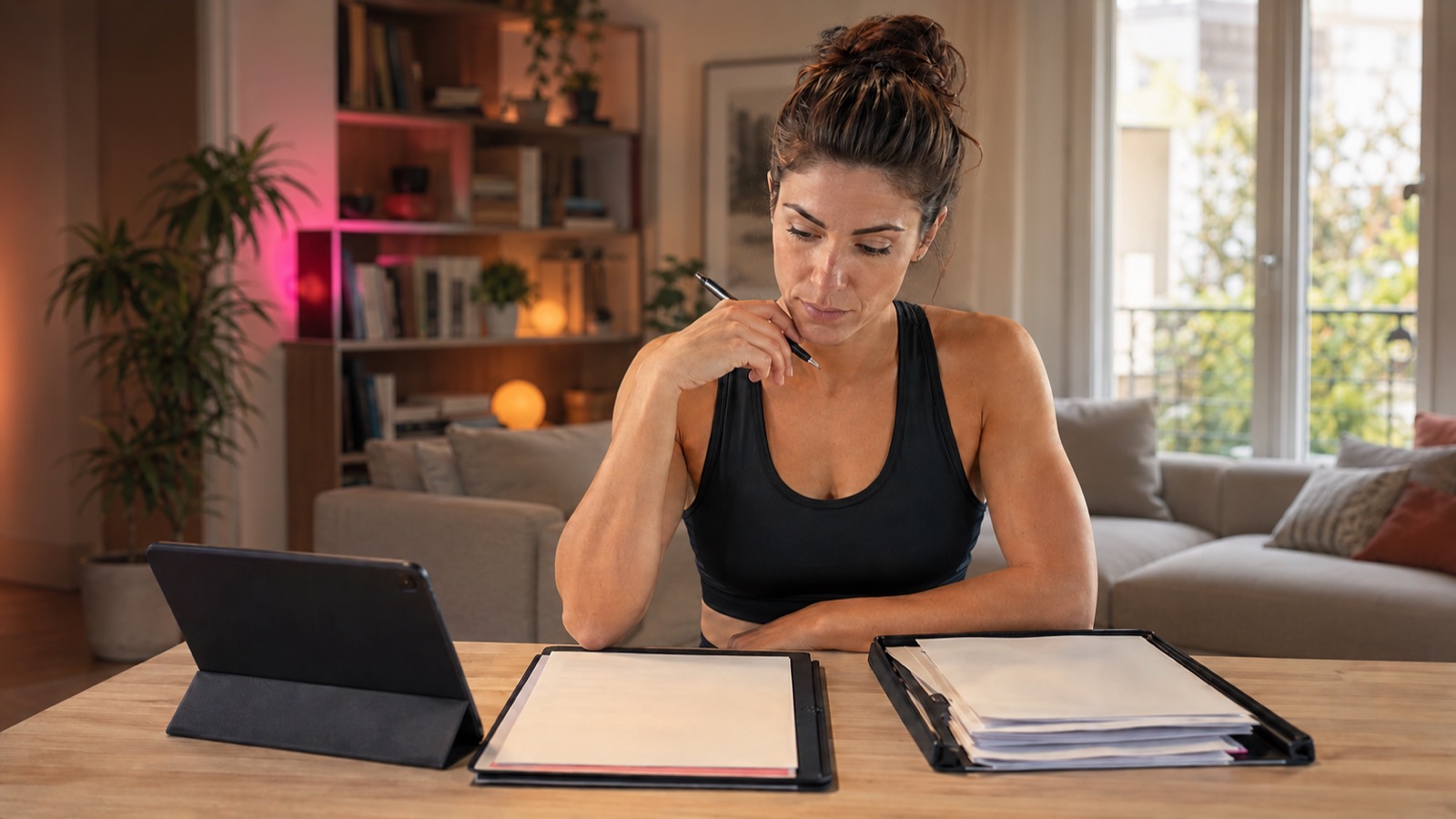 Coach sportive étudiant des documents administratifs à son bureau