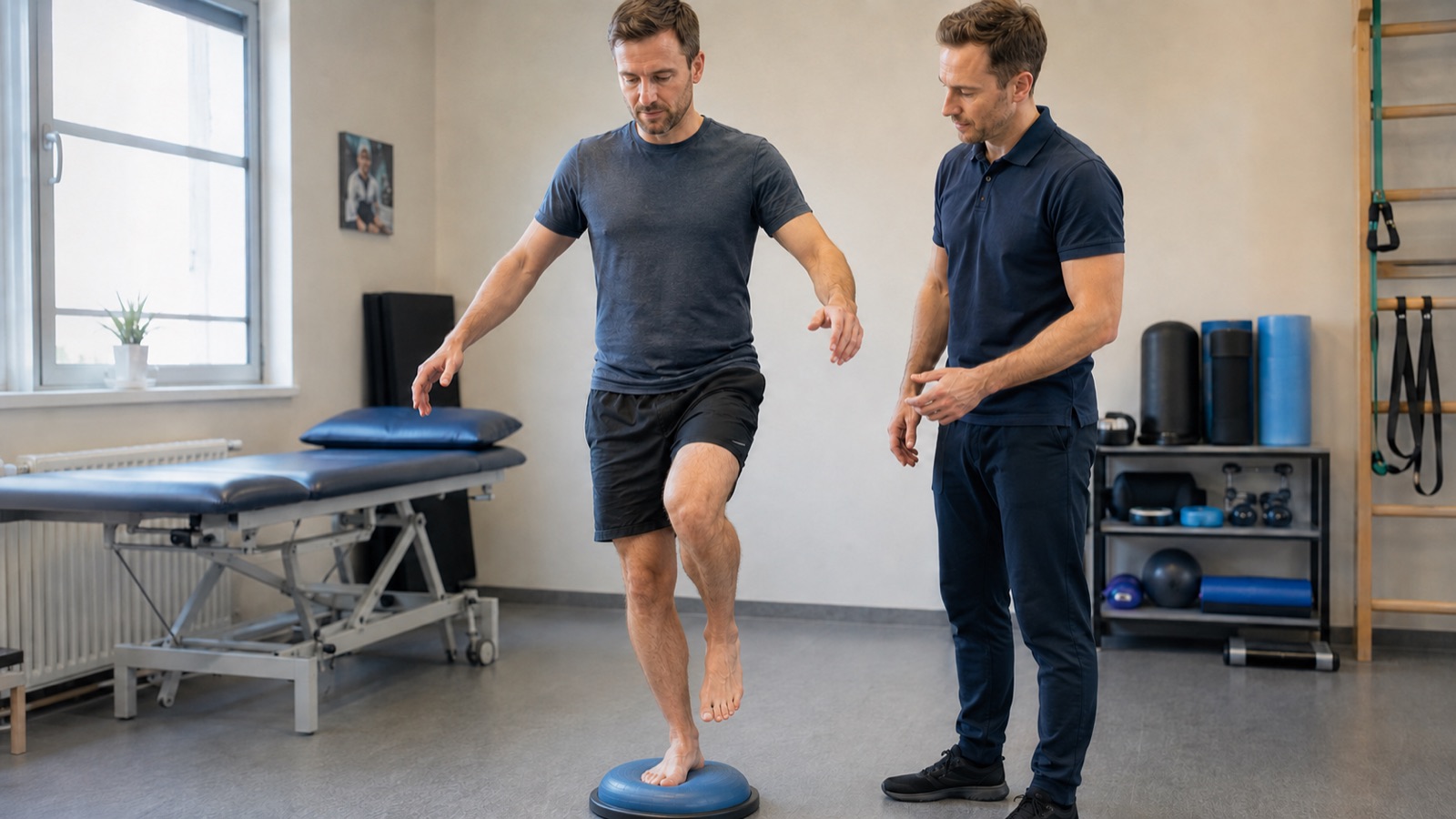 Homme en équilibre sur un plateau instable, suivi par un kinésithérapeute
