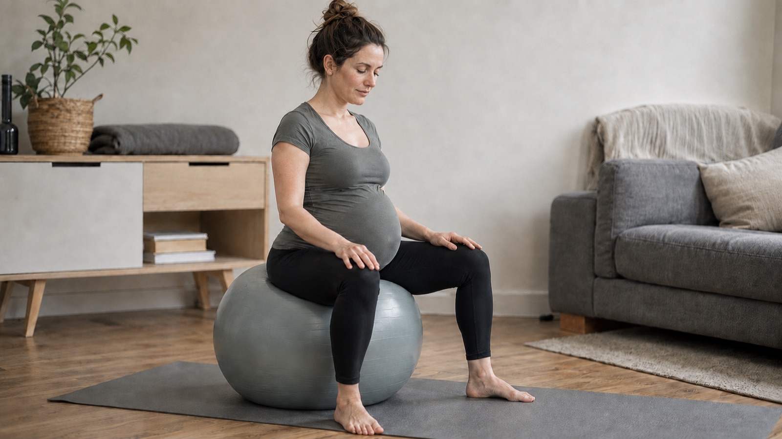 Femme enceinte assise sur un ballon d'exercice dans son salon
