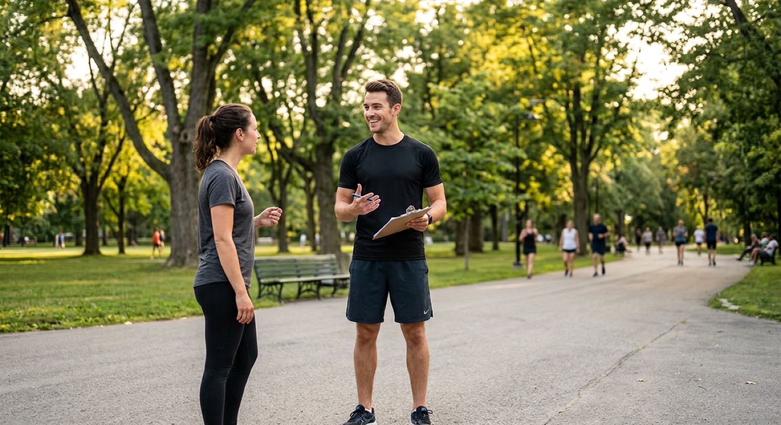 Coach sportif échangeant avec une cliente dans un parc, un carnet à la main